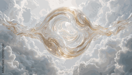 Tableau sur toile A luminous, swirling, golden-white ethereal ring-shaped entity floating majestically amidst soft, billowy clouds in a bright sky