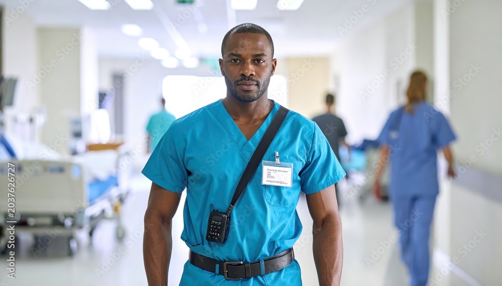 Fototapeta premium A male nurse in blue scrubs wearing a pager on his waistband in a hospital hallway