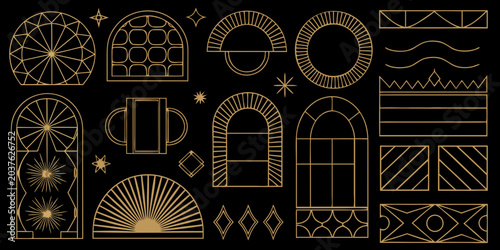 Cuadro en lienzo Gold Decorative Frames Collection Linear Vector Illustration On Black Background