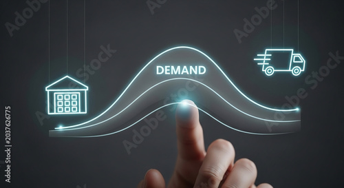Business hand touching demand curve with warehouse and delivery truck icons for supply chain management and logistics optimization concept.