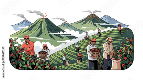 Schilderij op canvas Coffee Harvest on Volcanic Slopes: Indigenous farmers diligently harvest ripe coffee cherries from lush plantations on the terraced slopes of active volcanoes