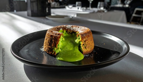 Rich Molten Pistachio Lava Cake with Vibrant Green Gooey Center on Black Plate