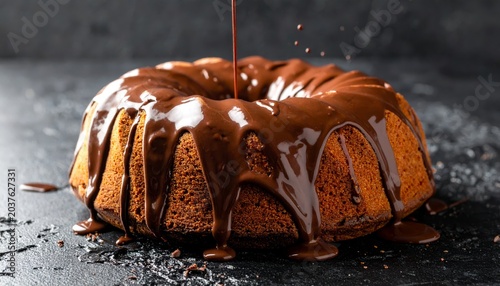 Rich molten chocolate sauce slowly cascading over a freshly baked bundt cake, creating a decadent dessert masterpiece.