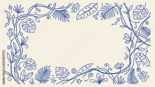 Fotografie Hand drawn tropical leaf frame with monstera and palm foliage line art blue bota