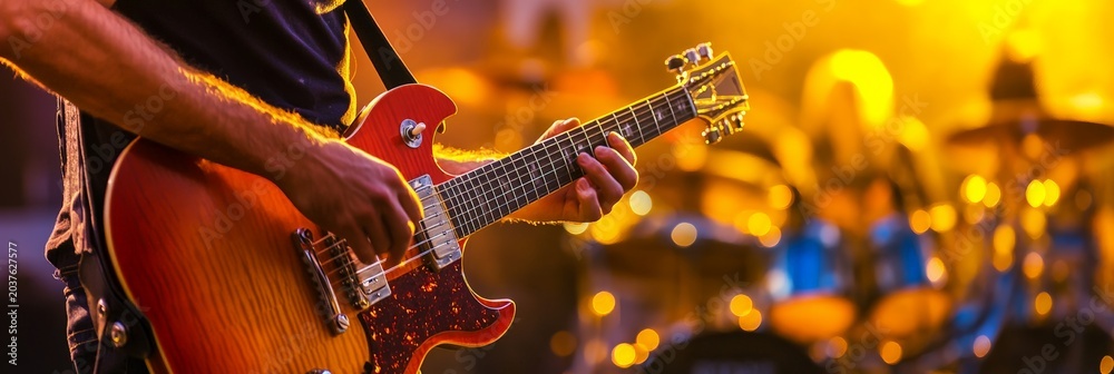 Obraz premium Close up of a guitarist playing an electric guitar during a live concert, creating an energetic and passionate performance with warm stage lights in the background