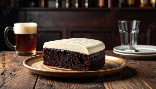 Rich slice of dark Guinness chocolate cake topped with creamy vanilla frosting on a rustic wooden table