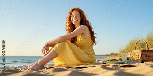 Slender red-haired woman in yellow sundress sitting on sandy beach with ocean in the background, surrounded by picnic setup, smiling directly at camera.