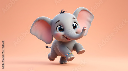 Adorable 3D cartoon baby elephant walking in soft pastel pink background with playful expression