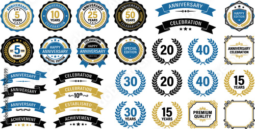 Anniversary Celebration Emblem Vector Set with Golden and Blue Laurel Wreaths, Vintage Ribbons, Retro Badges, and Milestone Year Labels for Corporate Achievement and Jubilee Rewards