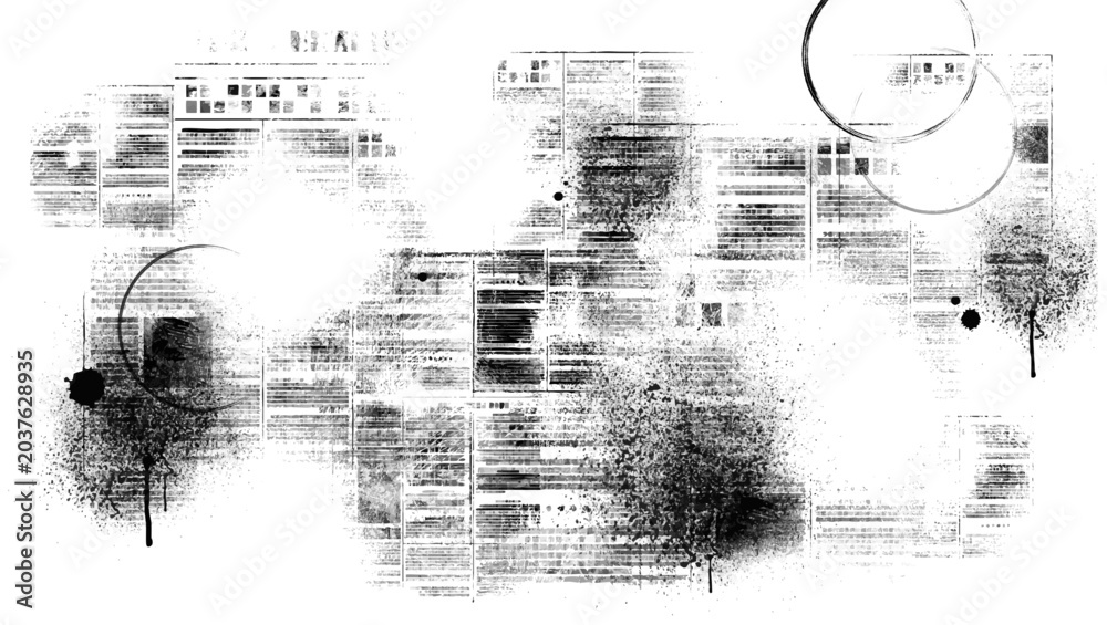 Obraz premium Old newspaper background with authentic newsprint pattern. Vector realistic illustration of grunge paper with retro typography texture, dirty newsletter backdrop with faded font letters and ink stains