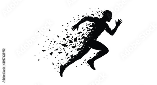 Foto Running man figure in dynamic pose fragmented effect black and white silhouette