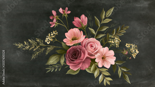 Painted Floral Bouquet on Black Background