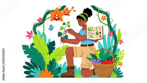 Canvastavla Botanical Exploration: A curious explorer studies plant life amidst lush foliage, holding an open field guide, with a basket of ripe fruits nearby