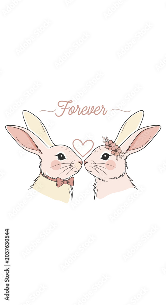 Fototapeta premium Cute Couple Bunnies Kissing Forever Heart Romantic Illustration