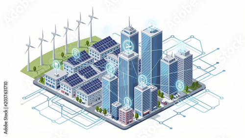 Modern urban cityscape with tall skyscrapers solar panels and wind turbines showcasing eco-friendly development and urban infrastructure