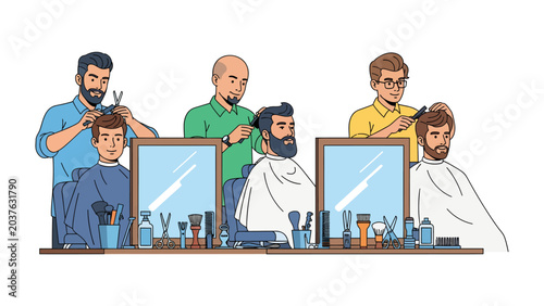 Fotografija Barbershop Scene: Three barbers meticulously attend to their clients, showcasing the art of hairstyling and grooming in a bustling barbershop environment