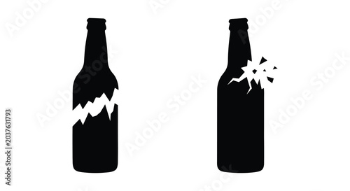 Photography Two black bottle silhouettes depicting breakage with jagged edges against a whit