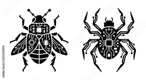 Foto Cybernetic bee and spider designs featuring integrated circuit patterns a black