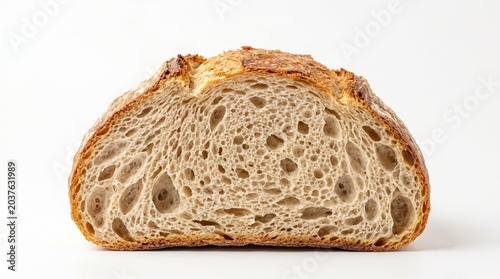 Artisan sourdough bread slice, rustic homemade loaf with airy crumb texture, crusty brown wheat bread isolated on white background