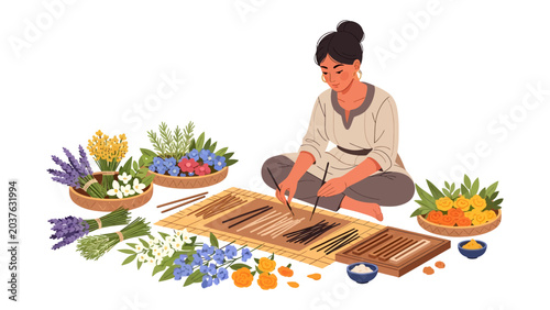 Φωτογραφία Crafting Fragrance: A woman meticulously crafts incense sticks, surrounded by fragrant herbs, flowers, and fruit, embodying a mindful and artisanal pursuit
