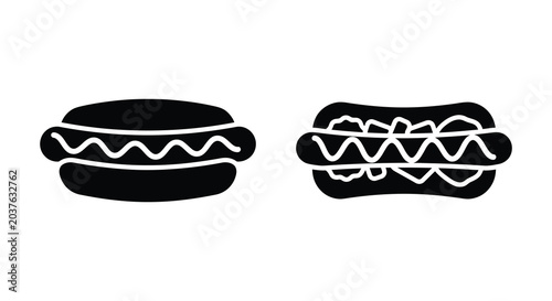 Tableau sur toile Two hot dog silhouettes with bun and condiment details on a white background sil