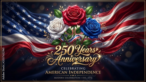 American independence 250th anniversary celebration with roses and flag
