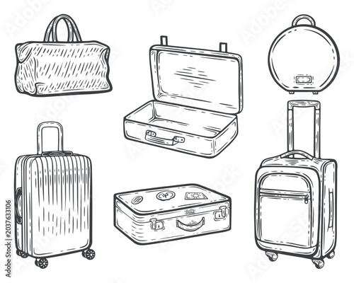 Foto Travel luggage set with wheeled suitcases, vintage case with stickers, duffle ba