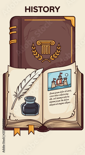 History Book with Quill, Inkwell, and Castle Illustration