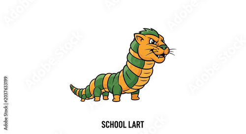 Cute Cartoon Caterpillar Mascot Character, Green and Orange Stripes, Ferret-like Face, Fun School Theme