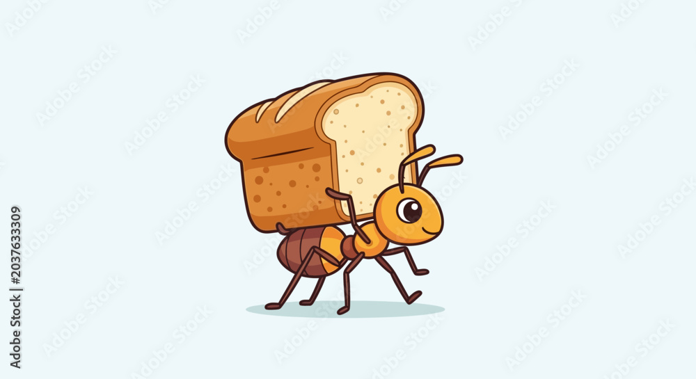 Fototapeta premium Cartoon Ant Carrying a Slice of Bread
