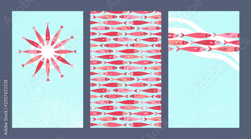 Red fish design template set. Sardines background vecctor. School of fish in the ocean cartoon illustrations.