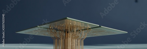 A 3d rendering of a microchip with gold wires on a dark blue background