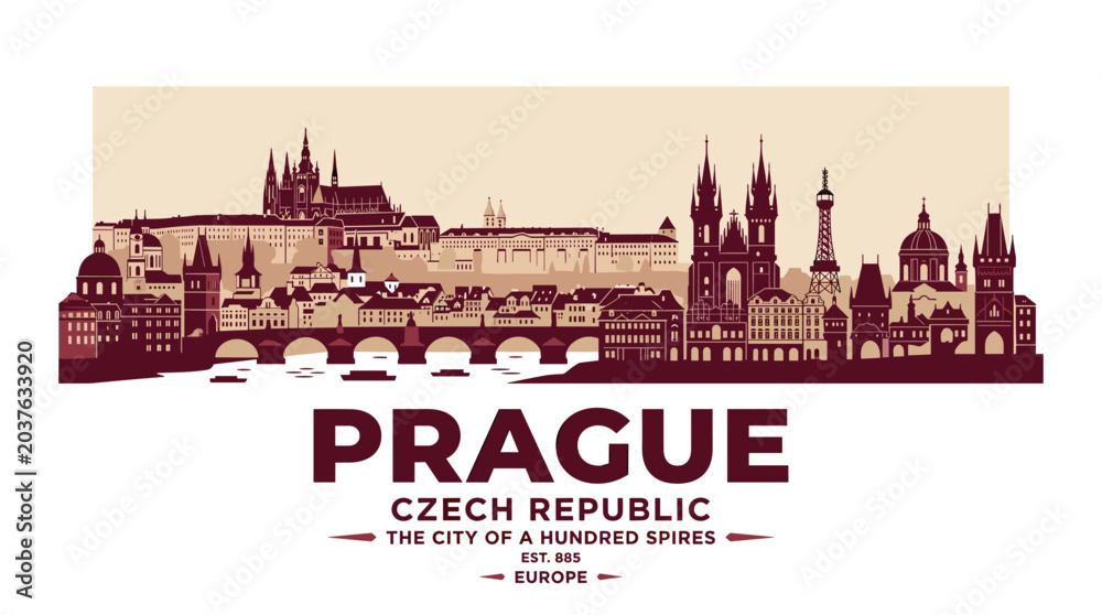 Fototapeta premium Vintage Prague Czech Republic Skyline Poster with Historic European Landmarks and Burgundy Travel Vector Illustration