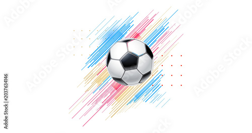 Tableau sur toile Soccer ball flying through colorful streaks on white background