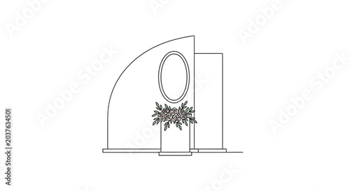 Modern Building Facade with Oval Window and Potted Flowers - Architectural Line Art