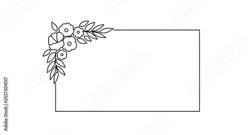 Floral Corner Frame with Flowers and Leaves, Simple Line Art Design