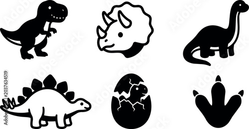 Black and white dinosaur icons with baby hatched egg and footprint vector art