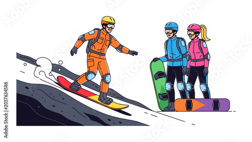 Foto Snowboarding Duo with Instructor: A professional snowboarder in an orange suit guides two novices, a man and a woman, holding their snowboards on a snowy slope