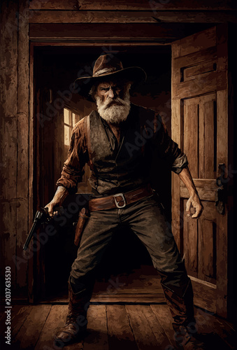 An atmospheric Western scene featuring an older cowboy standing in a wooden interior, lit by warm, dramatic light. With a revolver in hand and a tense, ready stance, he embodies the grit and experienc