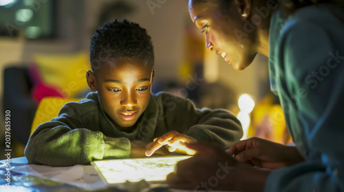 A caring mother helps her curious son learn on a glowing tablet at night, a moment of discovery. Perfect for education and technology themes.