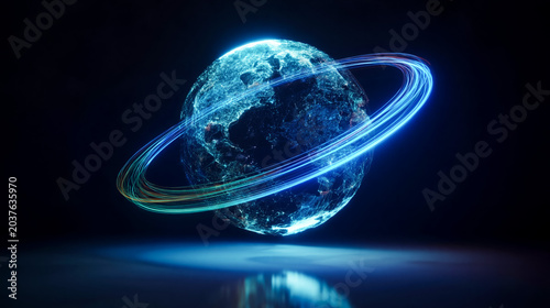 A futuristic glowing Earth with orbital light trails represents a global data and communication network. Ideal for technology and business concepts.