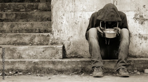 Homeless panhandler holding empty bowl during economic crisis symbolizing unemployment, hunger, poverty, food shortage, war consequences, social inequality and humanitarian disaster
