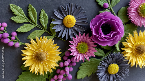 Close-Up of Vibrant Flowers with Leaves on Dark Background