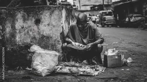 Homeless panhandler holding empty bowl during economic crisis symbolizing unemployment, hunger, poverty, food shortage, war consequences, social inequality and humanitarian disaster