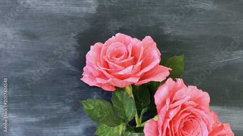 Two Pink Roses in Clear Vase Against Chalkboard Background