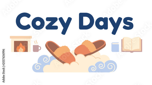 Tableau sur toile Cozy Days Comfort: A warm illustration depicting the essence of cozy days, featuring a fireplace with a steaming mug, fluffy slippers, an open book, and a glass of water