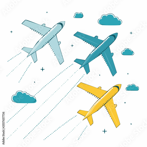Three Airplanes Flying in the Sky with Clouds