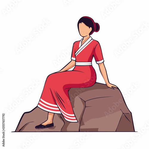 Woman in Red Kimono Sitting on Rock