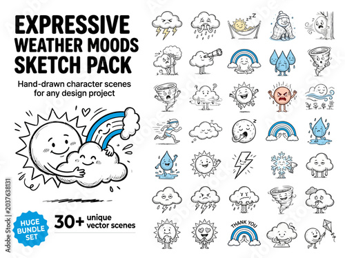Konstfotografi Expressive weather moods sketch pack, 30+ unique vector scenes with hand-drawn c