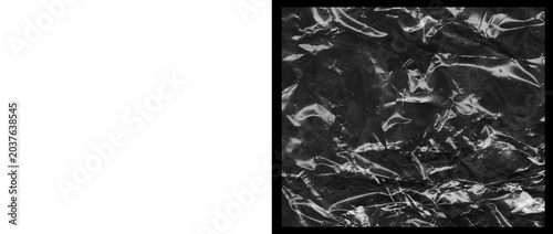 Konstfotografi Crumpled black plastic texture, wrinkled dark cellophane wrap background, shiny